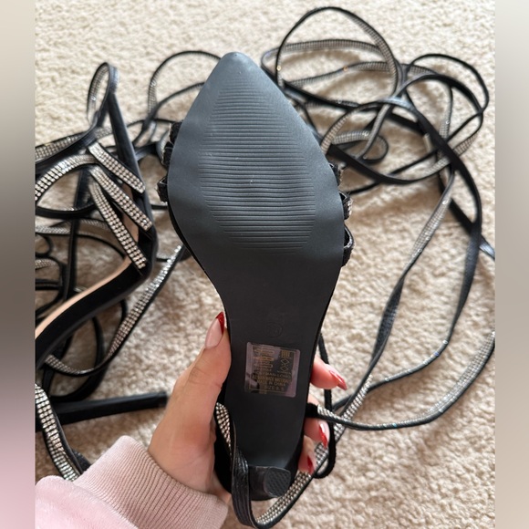 Black Crystal Lace-Up Pointed Toe Heels - Picture 2 of 7